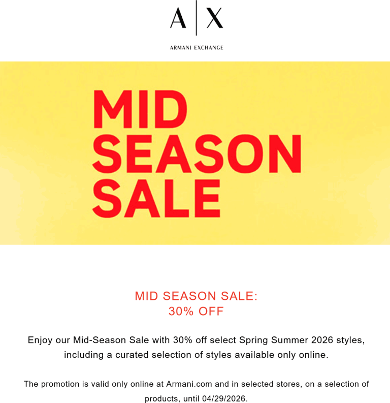 30% off at Armani Exchange, ditto online