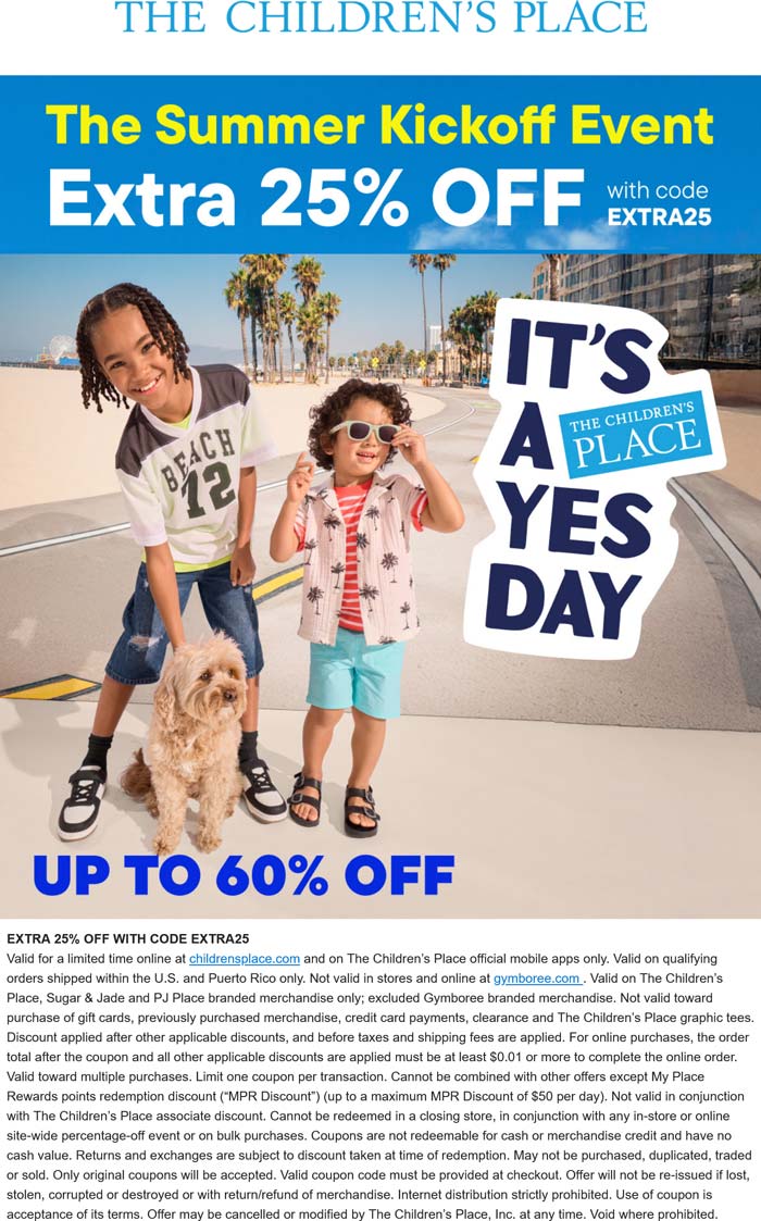 Extra 25% off at The Childrens Place via promo code EXTRA25