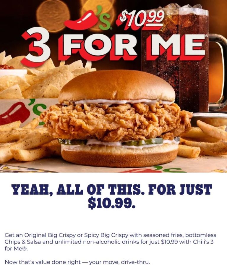 Chicken sandwich + seasoned fries + bottomless chips & salsa + drink = $11 at Chilis