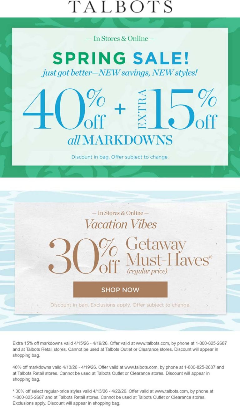 Extra 55% off sale items at Talbots, ditto online