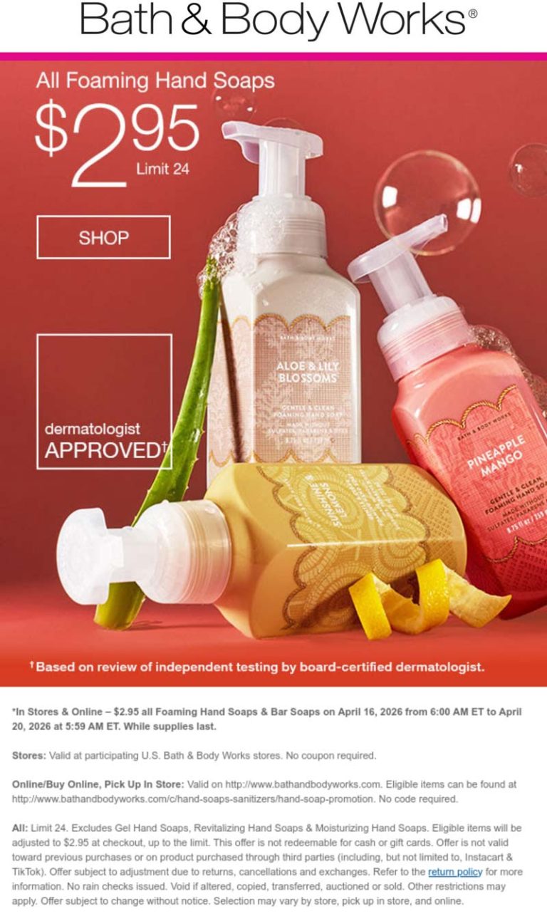 Bath & Body Works coupon: $3 hand soaps today at Bath & Body Works, ditto online