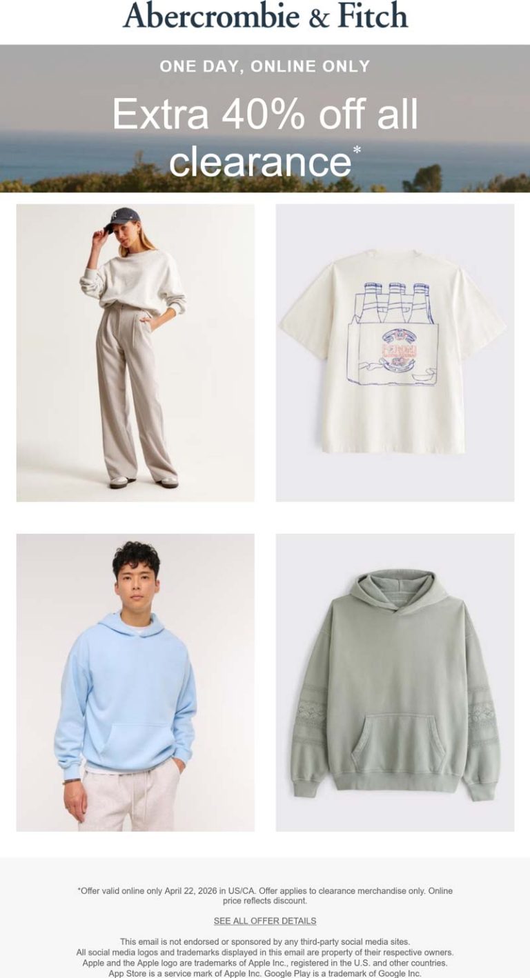 Abercrombie & Fitch coupon: Extra 40% off clearance today online at Abercrombie & Fitch