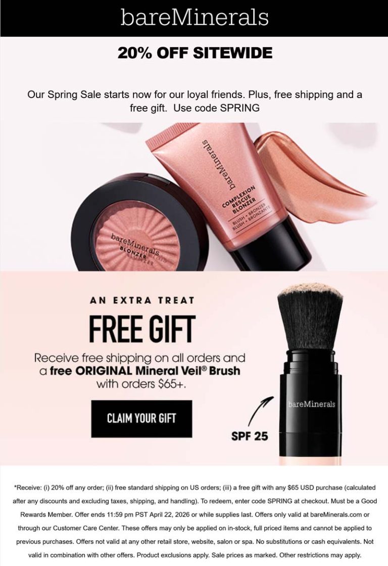 20% off everything online today at bareMinerals via promo code SPRING