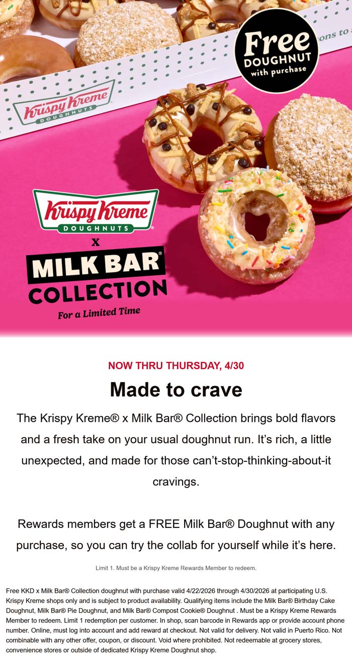 Free milk bar doughnut with any order via login at Krispy Kreme