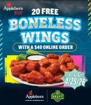 20 free boneless chicken wings on $40 takeout at Applebees #applebees