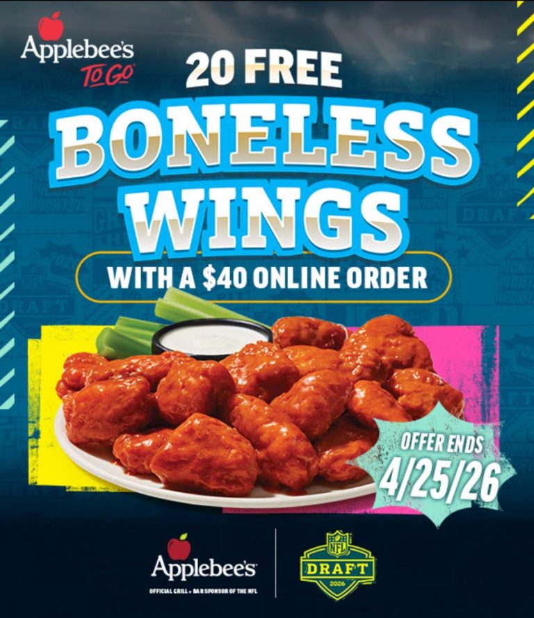 20 free boneless chicken wings on $40 takeout at Applebees