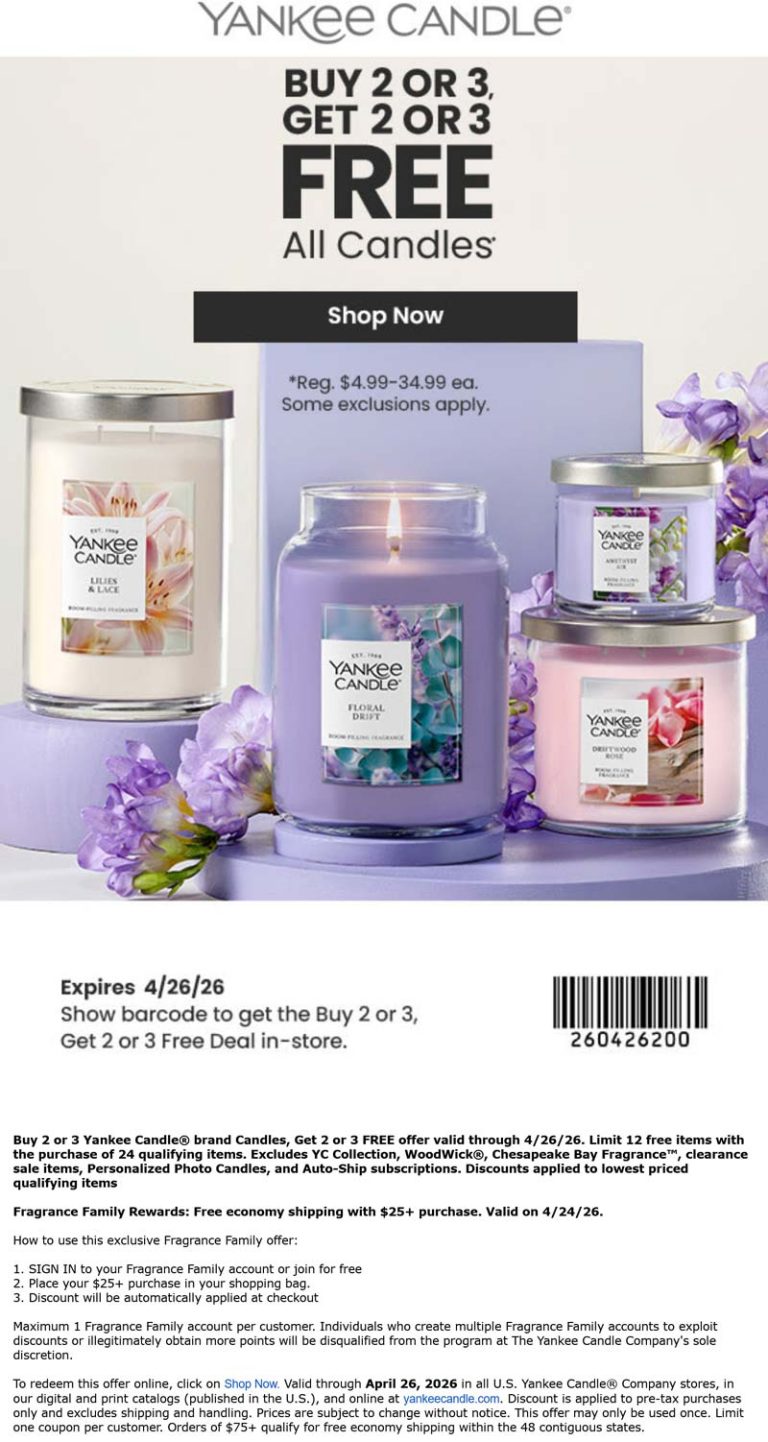 4-for-2 on all candles at Yankee Candle, ditto online