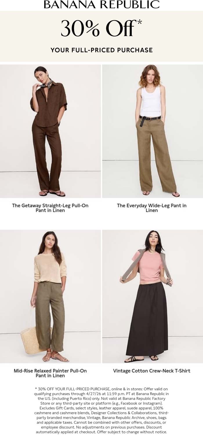 30% off at Banana Republic, ditto online