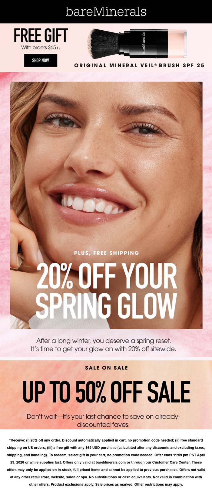 20% off + free brush spf on $65+ at bareMinerals