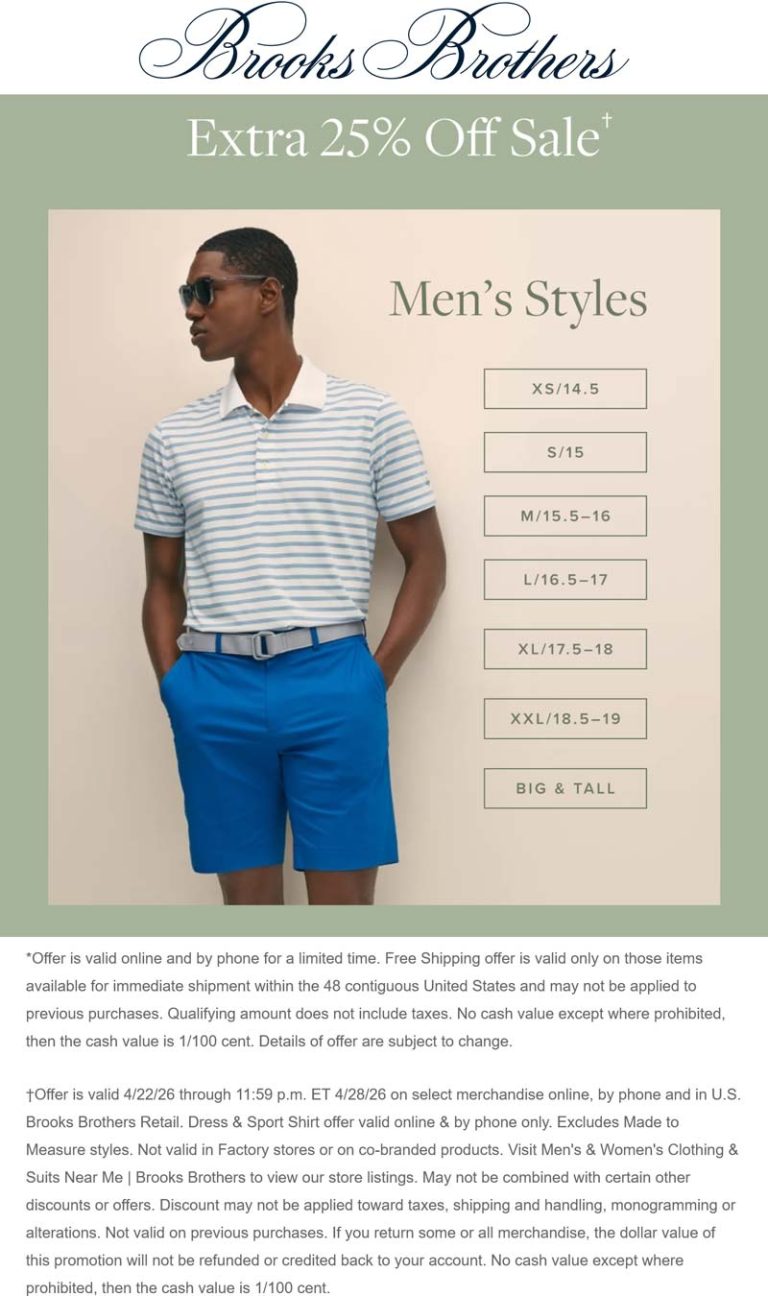 Extra 25% off sale items at Brooks Brothers, ditto online