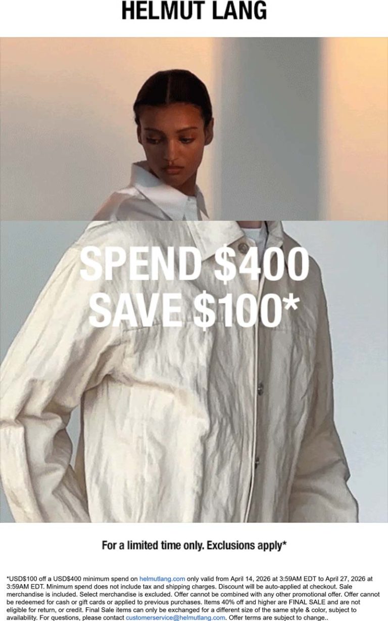 $100 off $400 at Helmut Lang