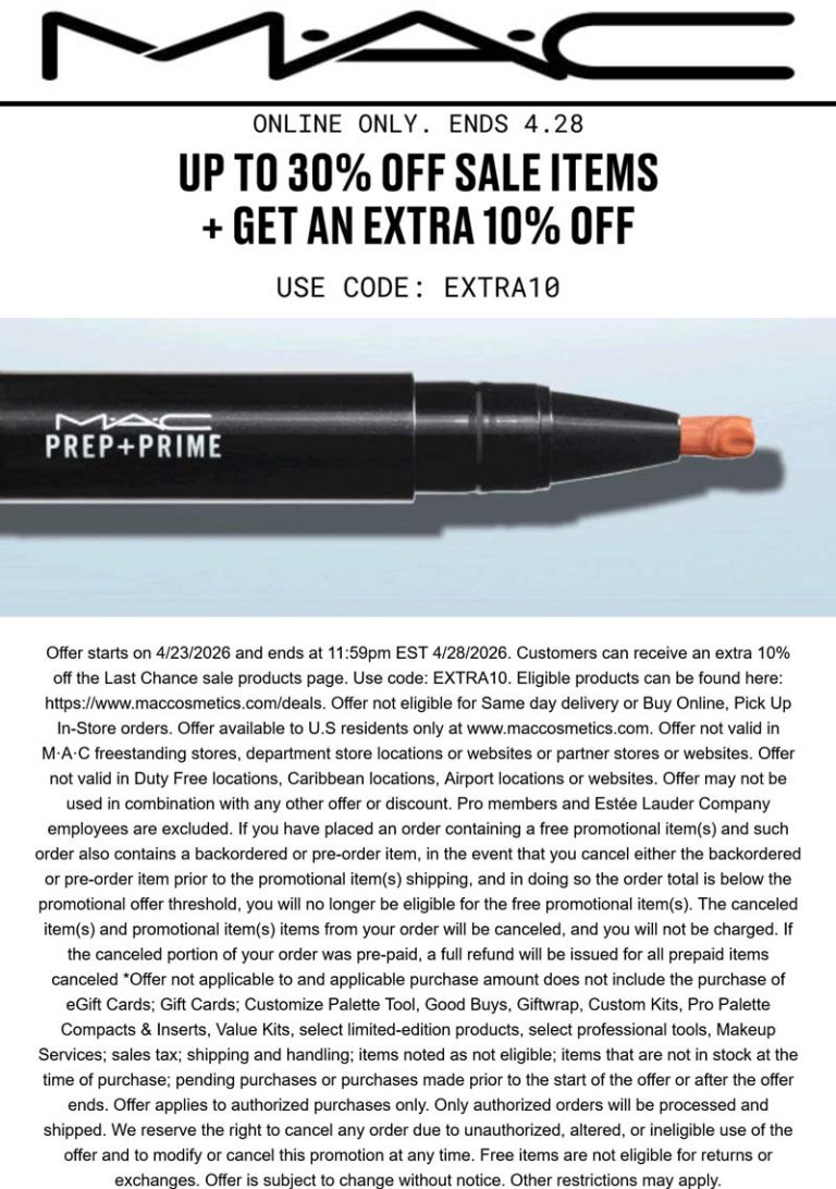 Extra 40% off sale items online at MAC Cosmetics via promo code EXTRA10