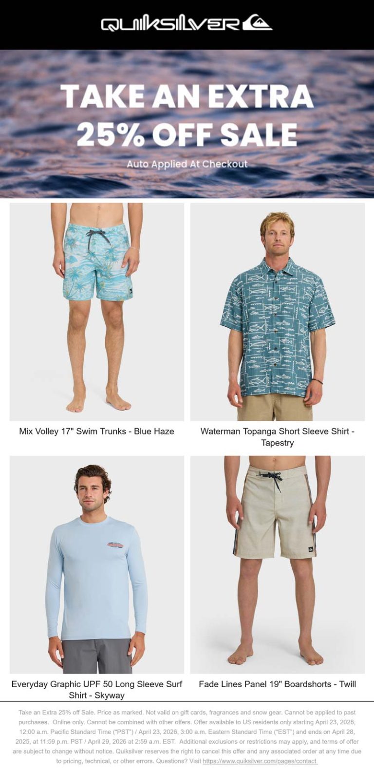 Extra 25% off sale items online at Quiksilver