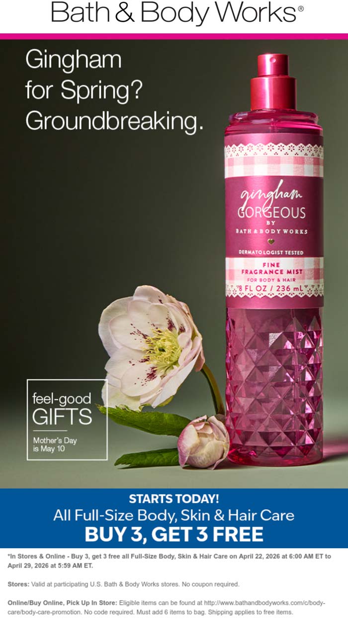 Bath & Body Works coupon: 6-for-3 on body & skin care at Bath & Body Works, ditto online