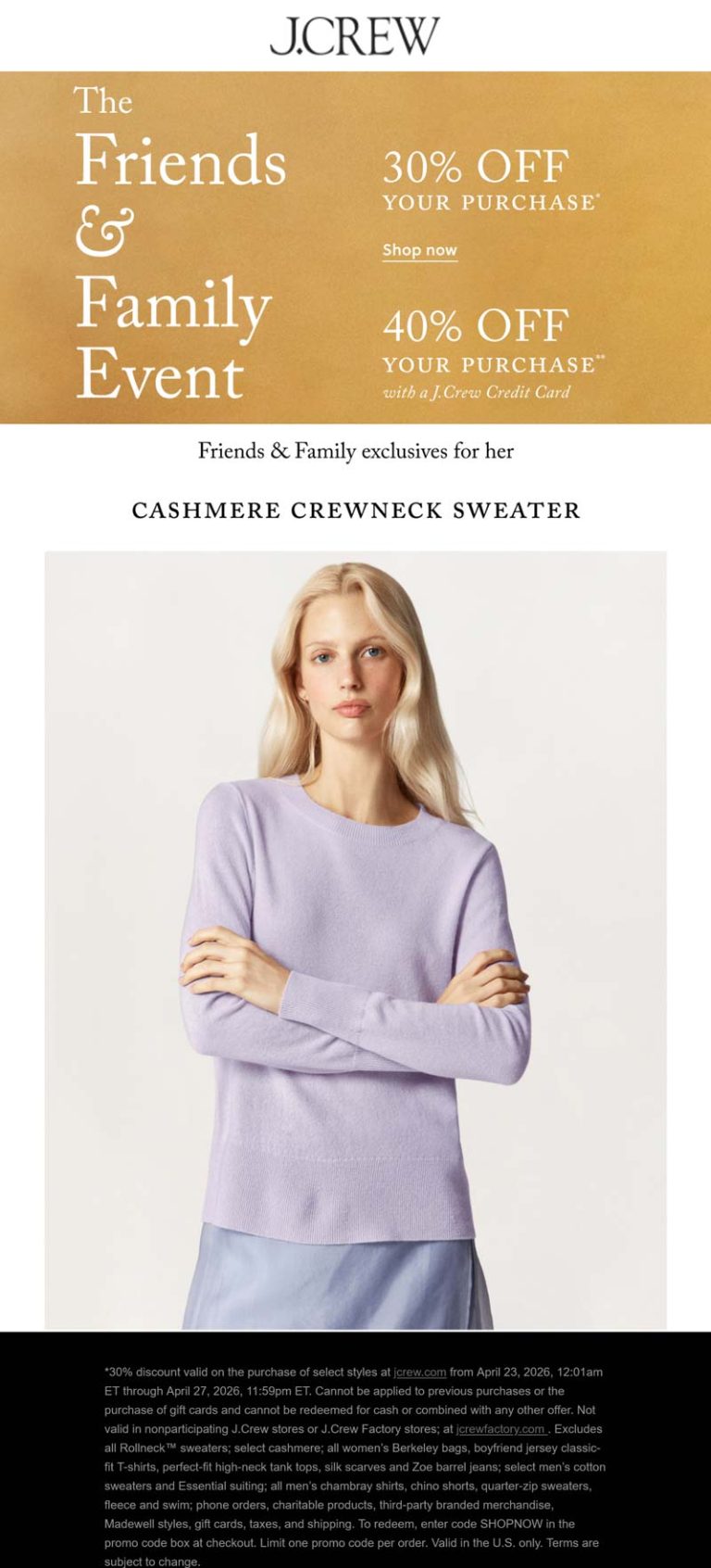 30% off today at J.Crew, ditto online