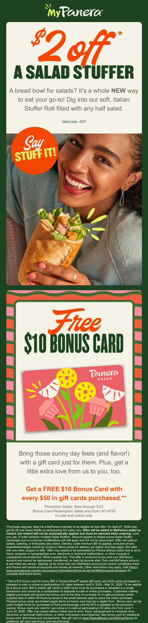 $2 off a salad stuffer today via login at Panera restaurants