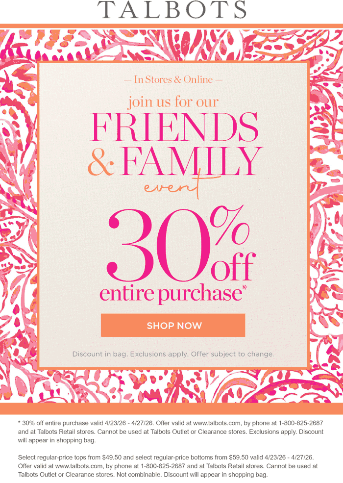 30% off today at Talbots, ditto online