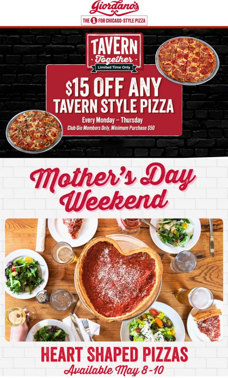 $15 off $50 on tavern pizzas Mon-Thur at Giordanos