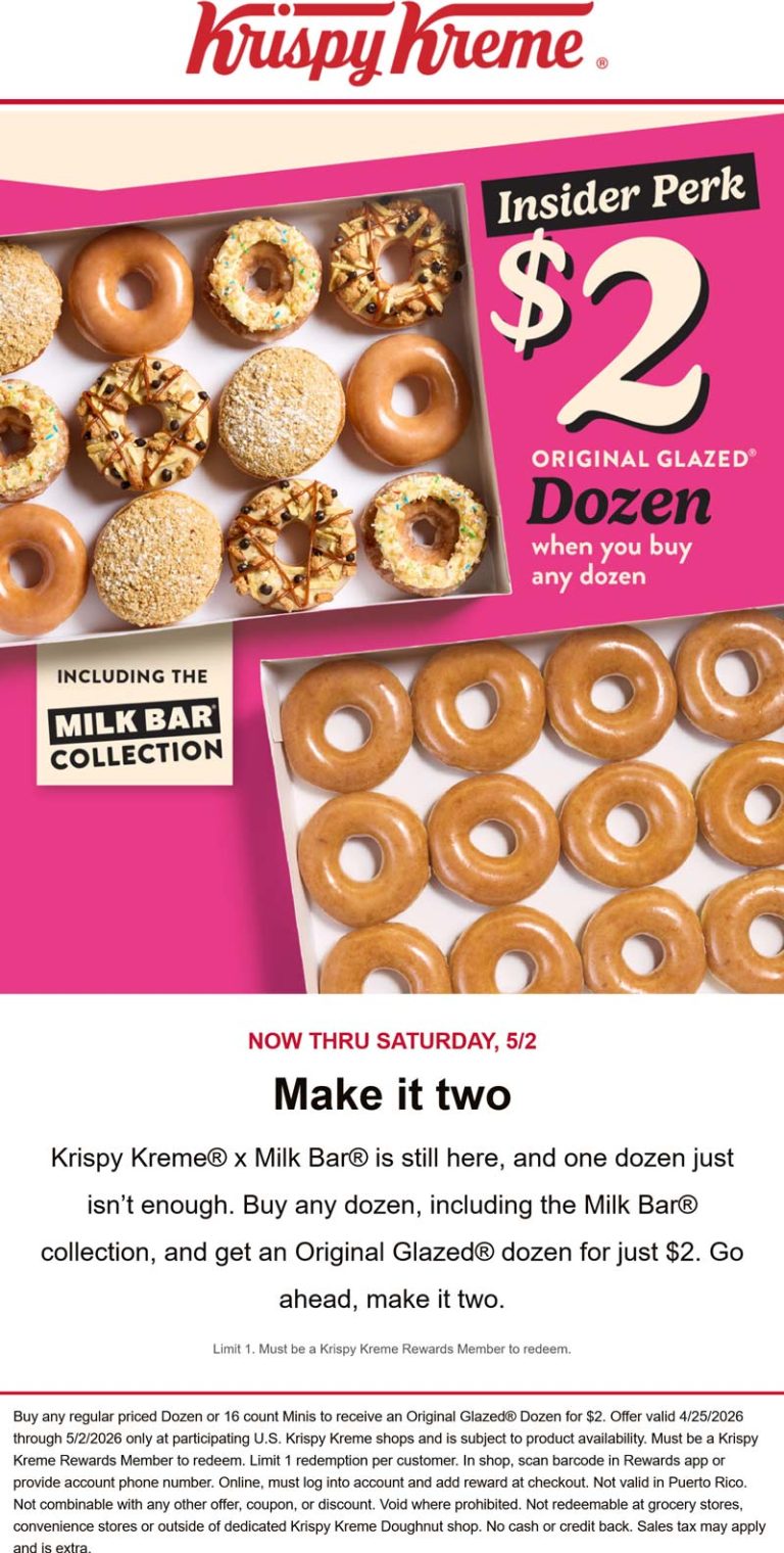 Second dozen doughnuts for $2 via login at Krispy Kreme