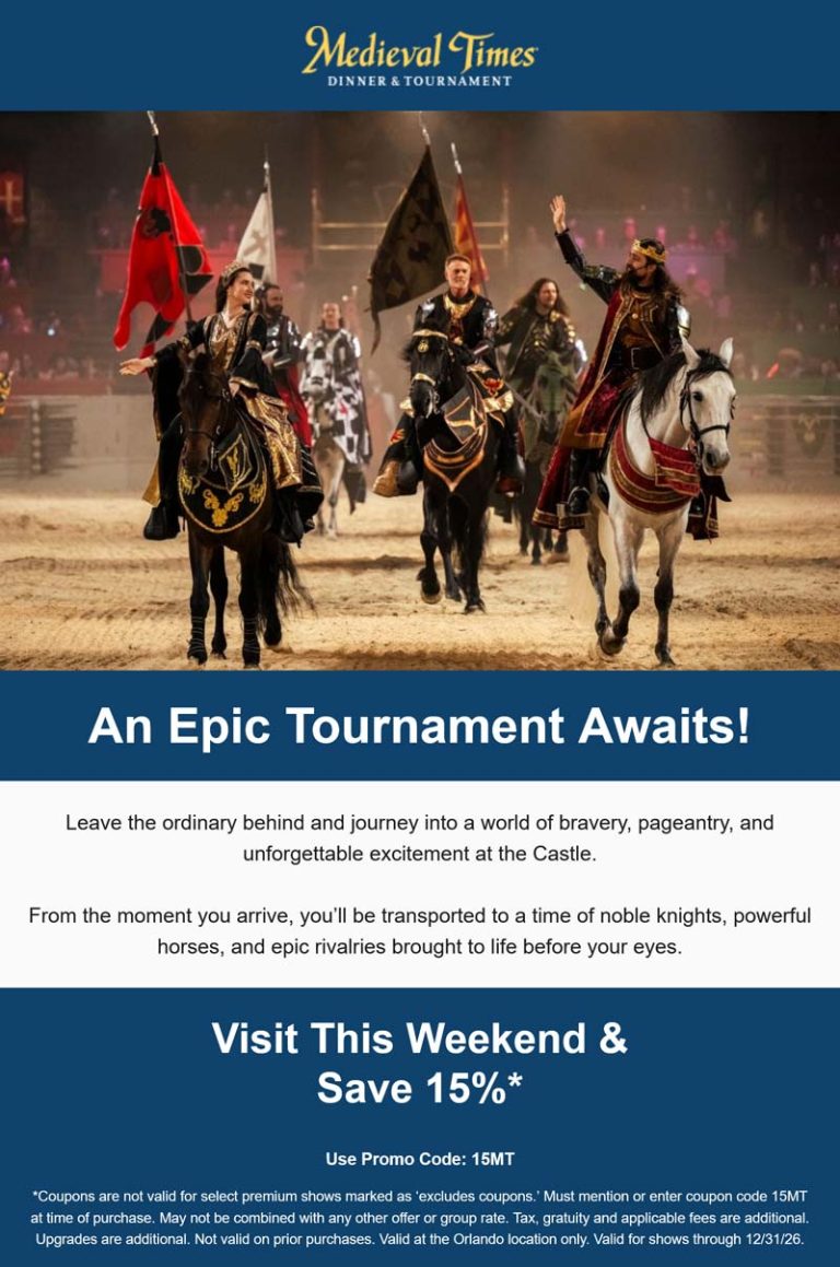 15% off at Medieval Times dinner and tournament via promo code 15MT