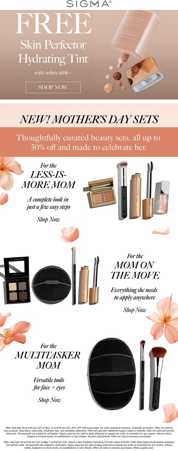 Free tint on $100 & more at Sigma beauty