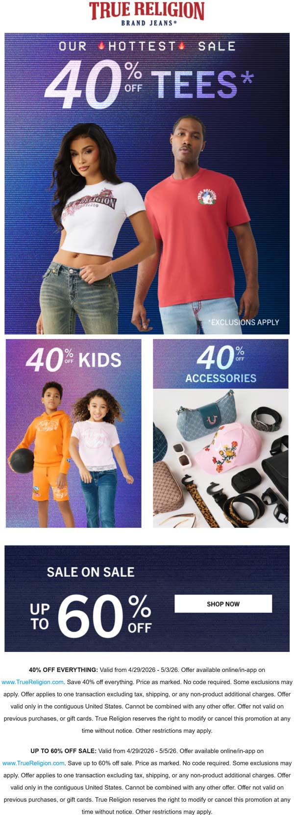 40% off everything online at True Religion