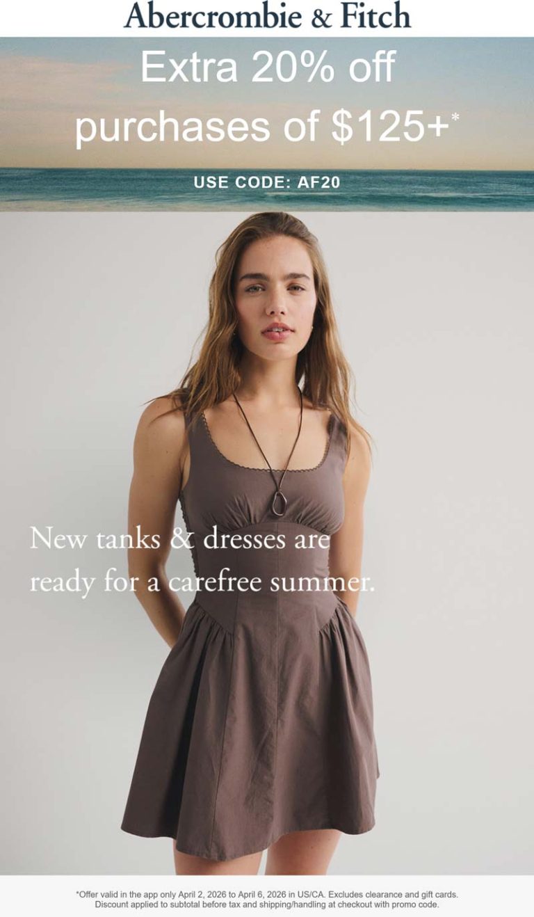 Abercrombie & Fitch coupon: 20% off $125 at Abercrombie & Fitch via promo code AF20
