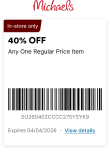 40% off a single item at Michaels, or online via promo code WOW40 #michaels