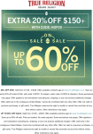 Extra 20% off $150 & more at True Religion via promo code HOP20 #truereligion