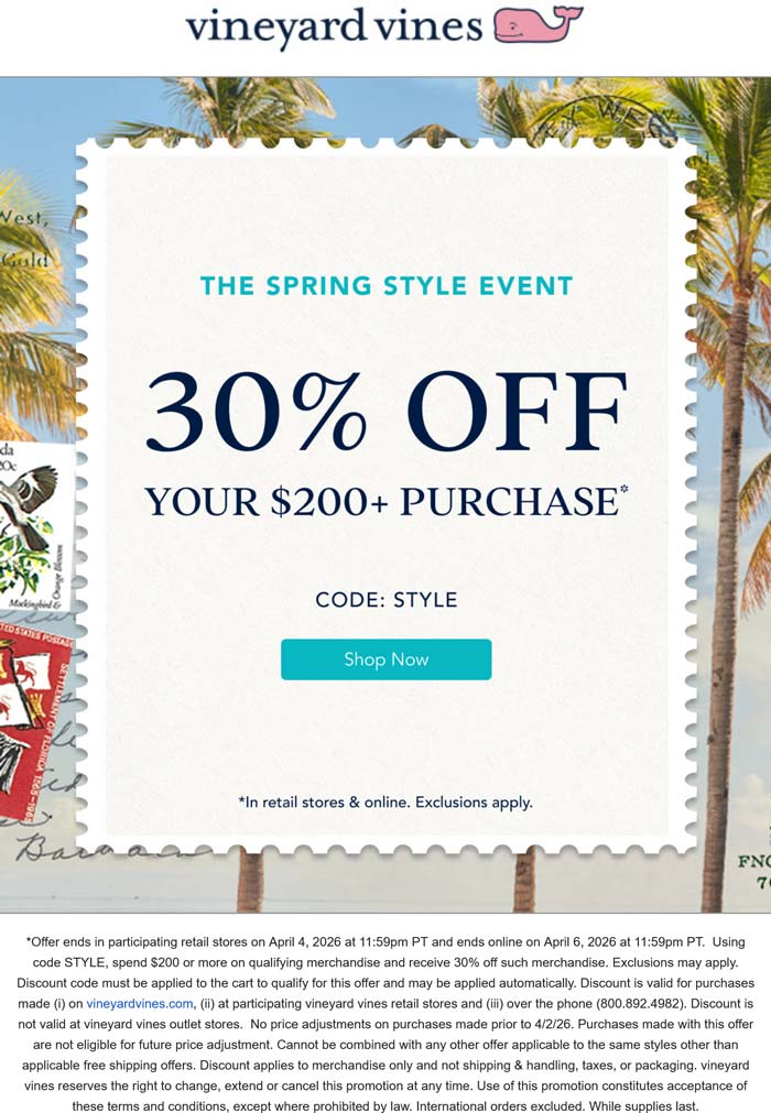 30% off $200 at Vineyard Vines via promo code STYLE