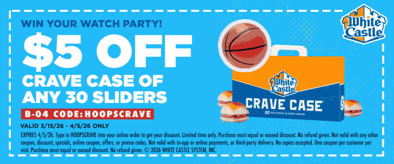 $5 off 30pk of sliders at White Castle restaurants via promo code HOOPSCRAVE