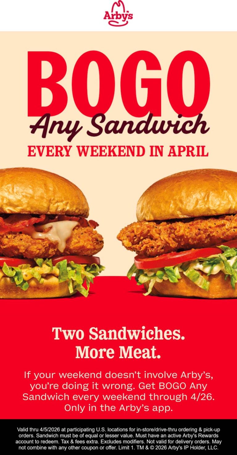 Second sandwich free weekends this month at Arbys