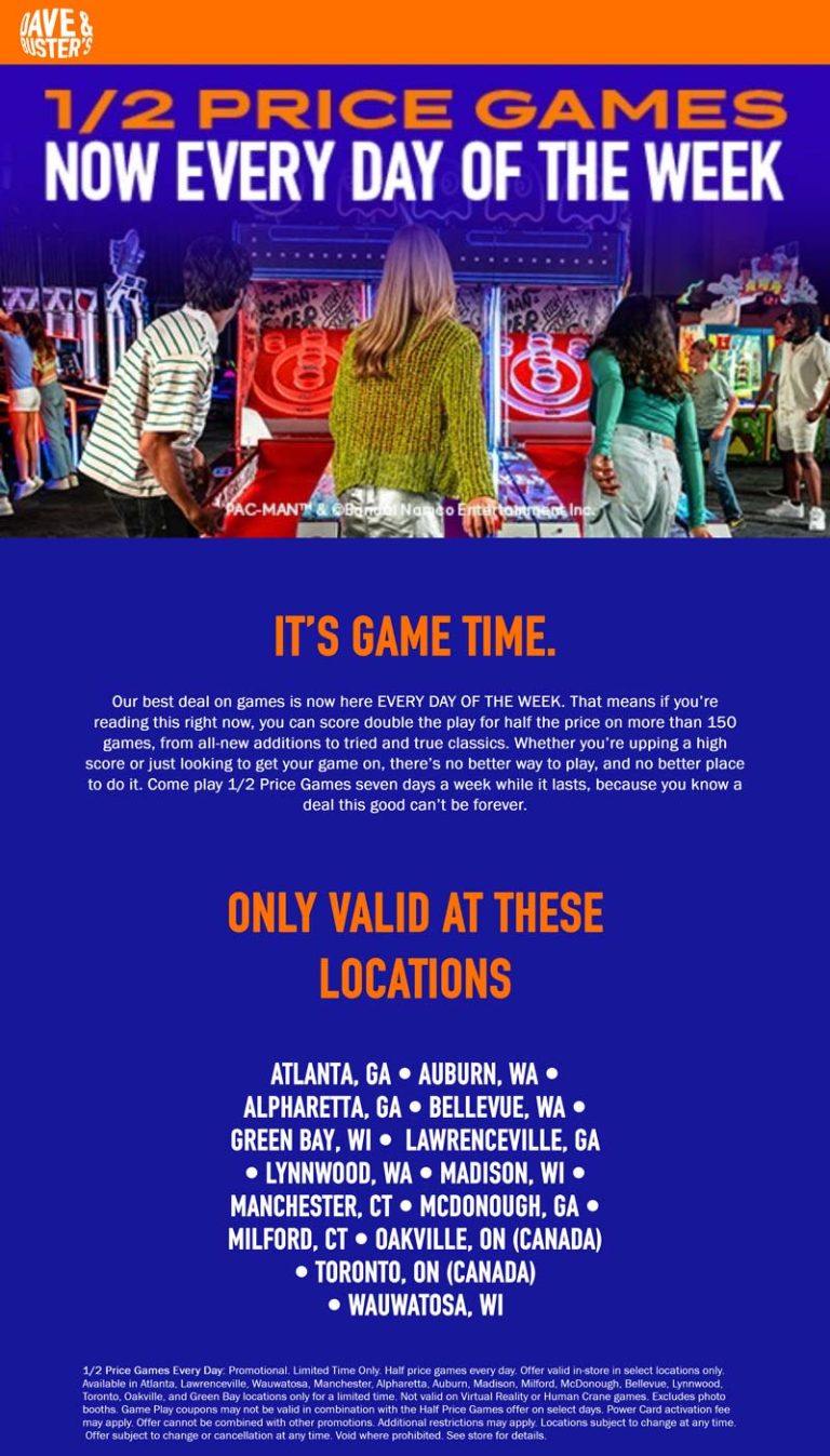 Dave & Busters coupon: 50% off games daily at Dave & Busters
