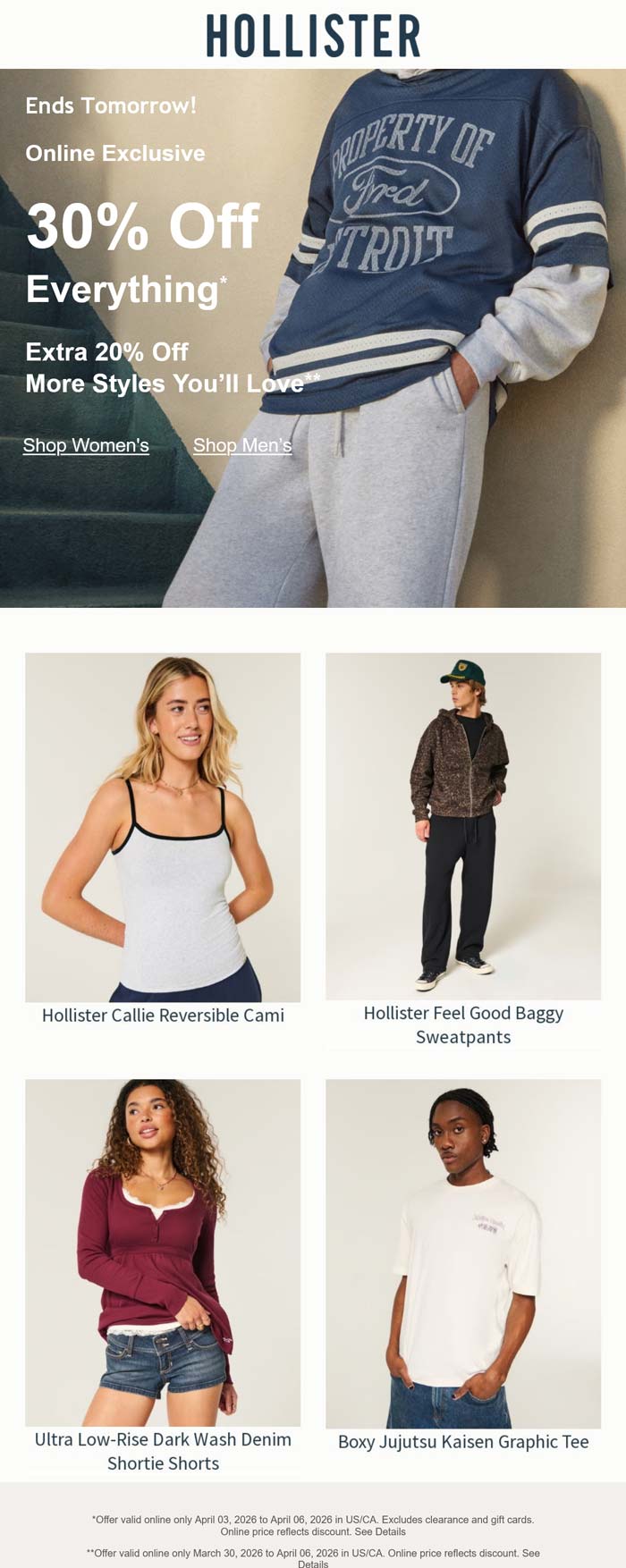 Extra 20-30% off everything online at Hollister