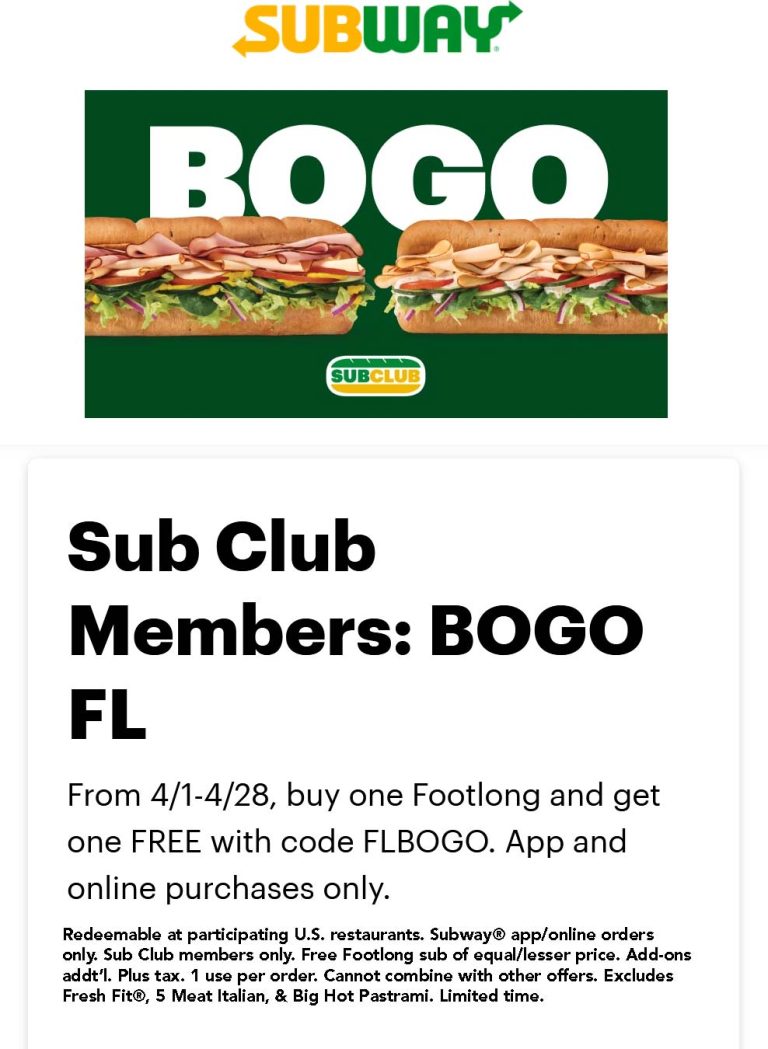 Second footlong sandwich free at Subway via promo code FLBOGO