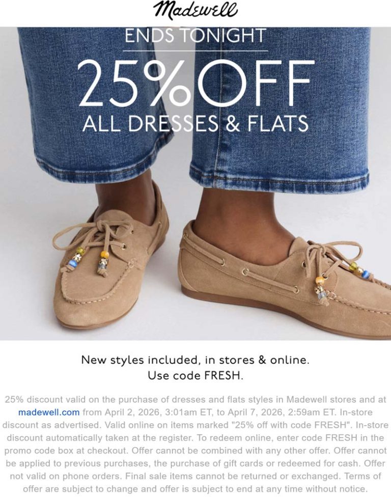 25% off dresses & flats today at Madewell via promo code FRESH