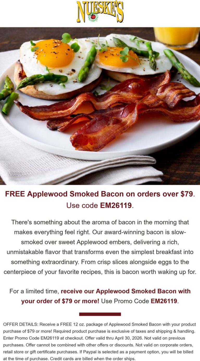 Free applewood bacon on $79 at Nueskes via promo code EM26119