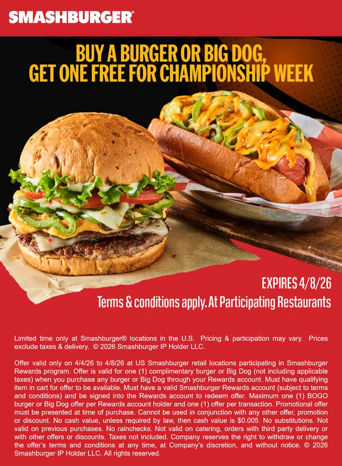 Second cheeseburger or hot dog free via login today at Smashburger
