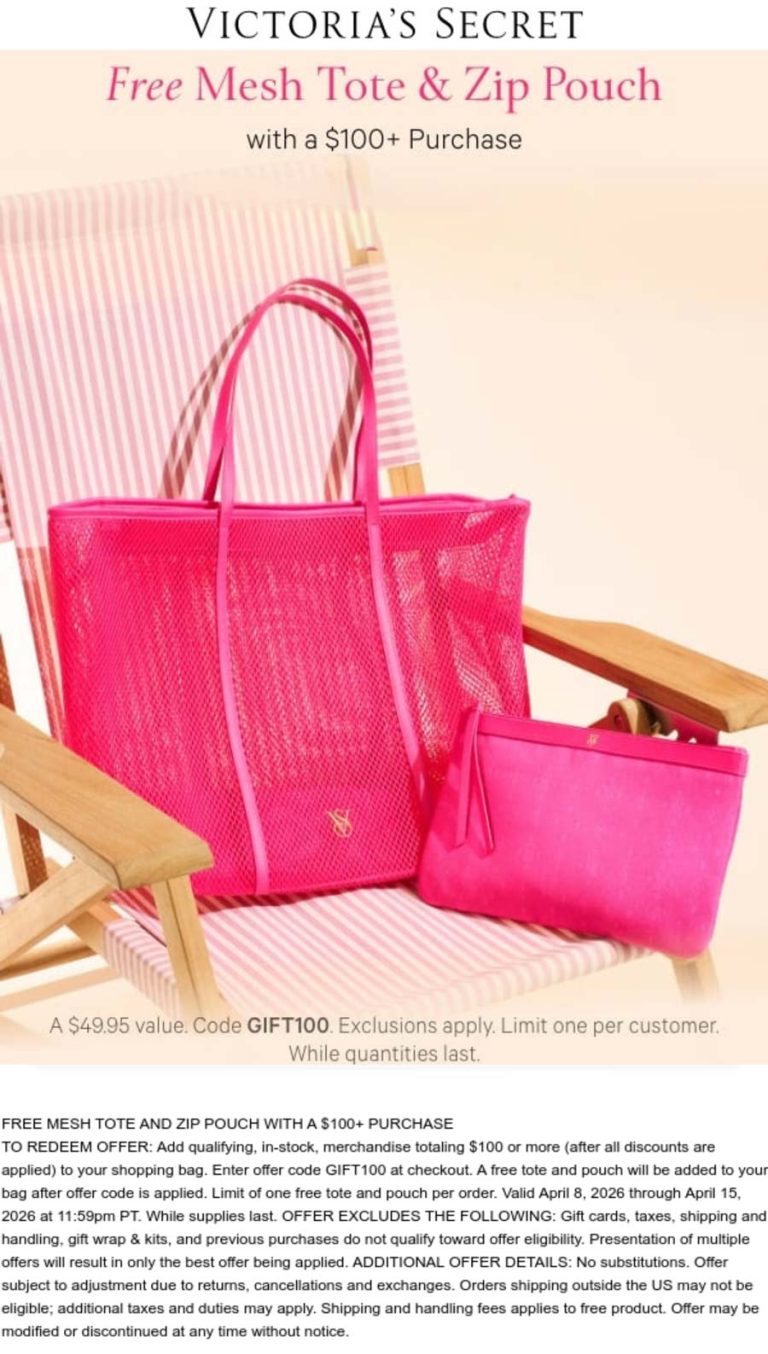 Free mesh tote bag on $100 at Victorias Secret via promo code GIFT100