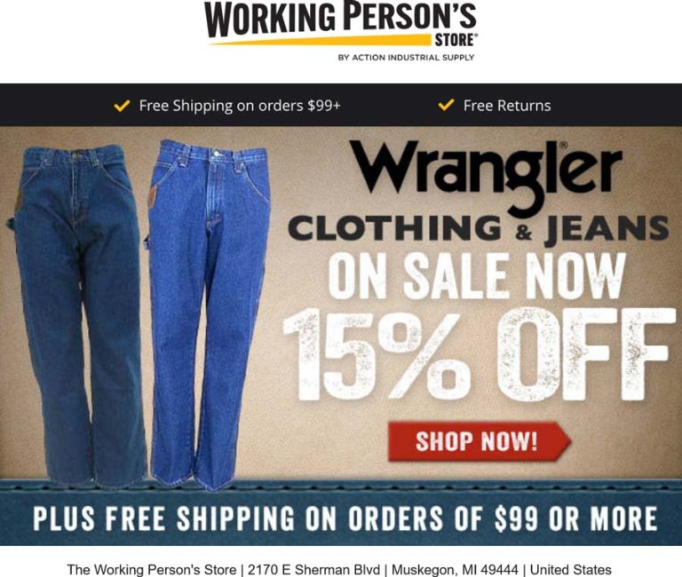 15% off Wrangler jeans at Working Persons Store