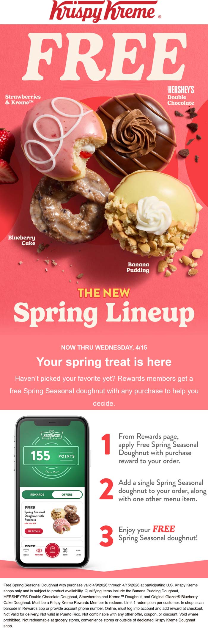 Free seasonal doughnut with any purchase at Krispy Kreme