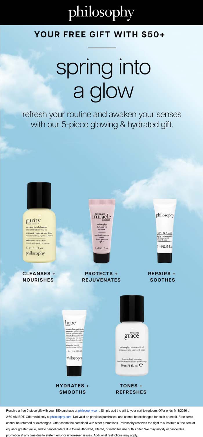 Free 5pc on $50+ online at Philosophy