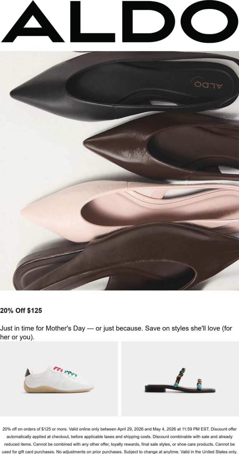 20% off $125 at Aldo shoes