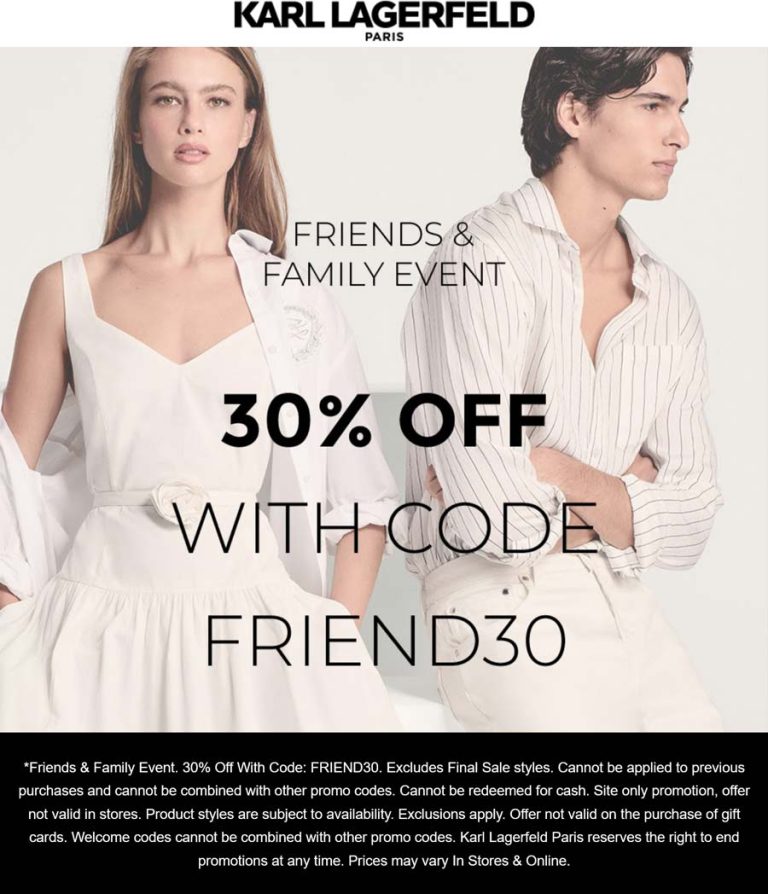 30% off at KARL LAGERFELD via promo code FRIEND30