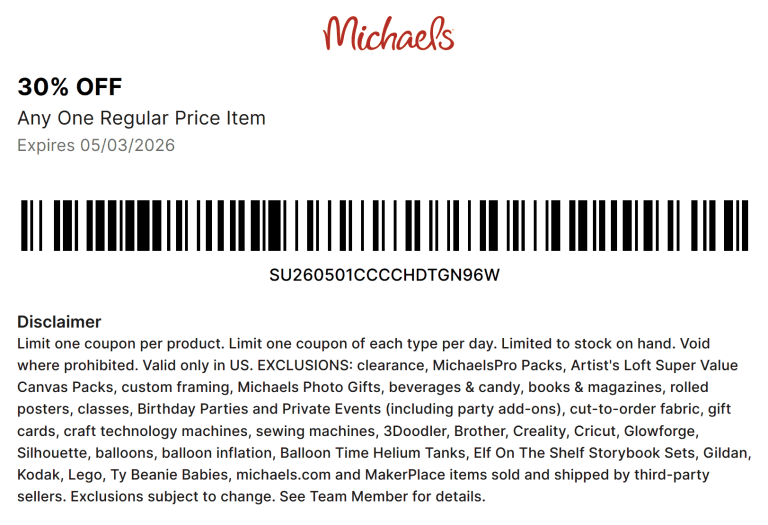 30% off a single item at Michaels, or online via promo code MAYIGET30