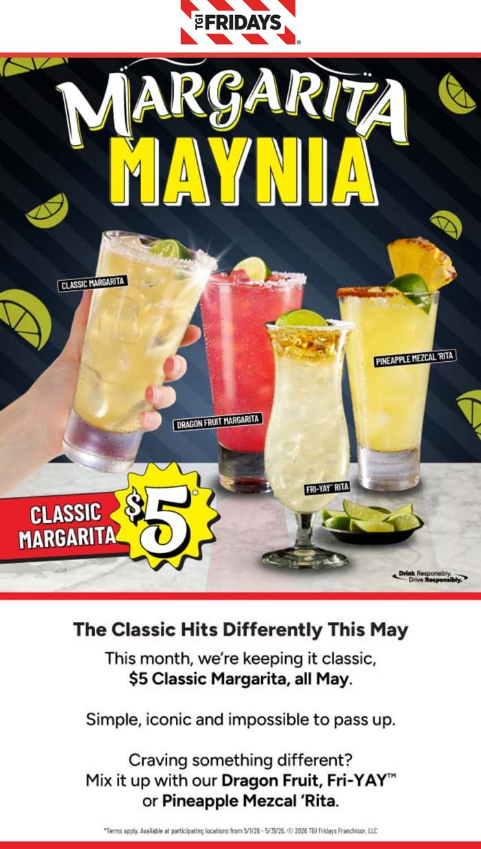 $5 margaritas all month at TGI Fridays restaurants