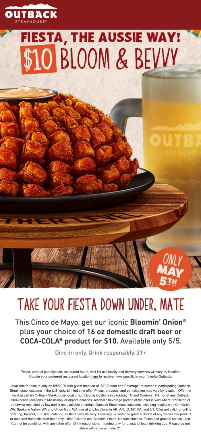 Bloomin onion + beer = $10 today at Outback Steakhouse restaurants