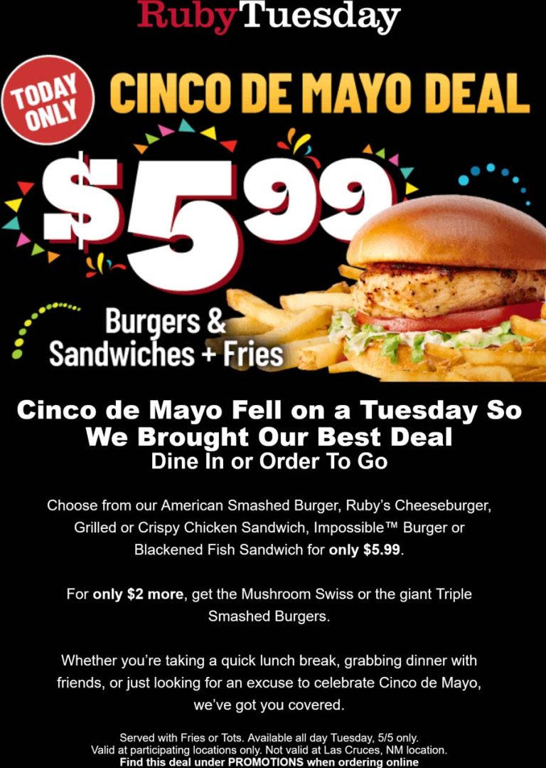 Cheeseburger + fries = $6 today at Ruby Tuesday