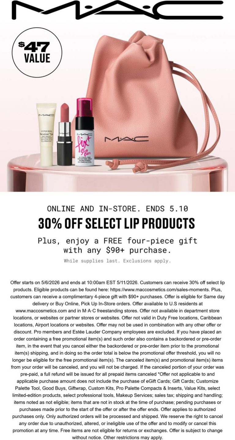 30% off lip products + free 4pc on $90 at MAC cosmetics, ditto online