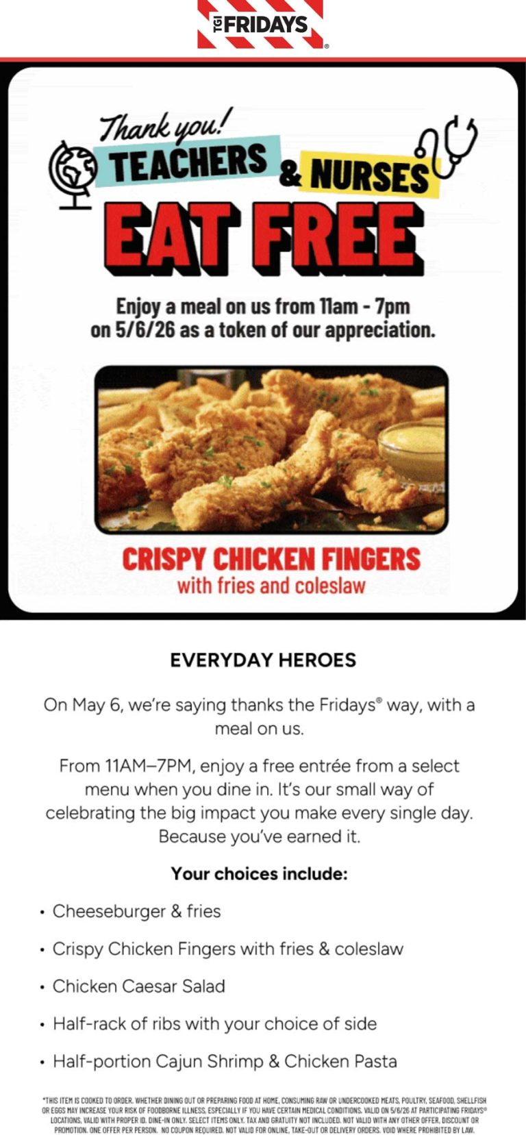 Teachers & nurses eat free today at TGI Fridays restaurants